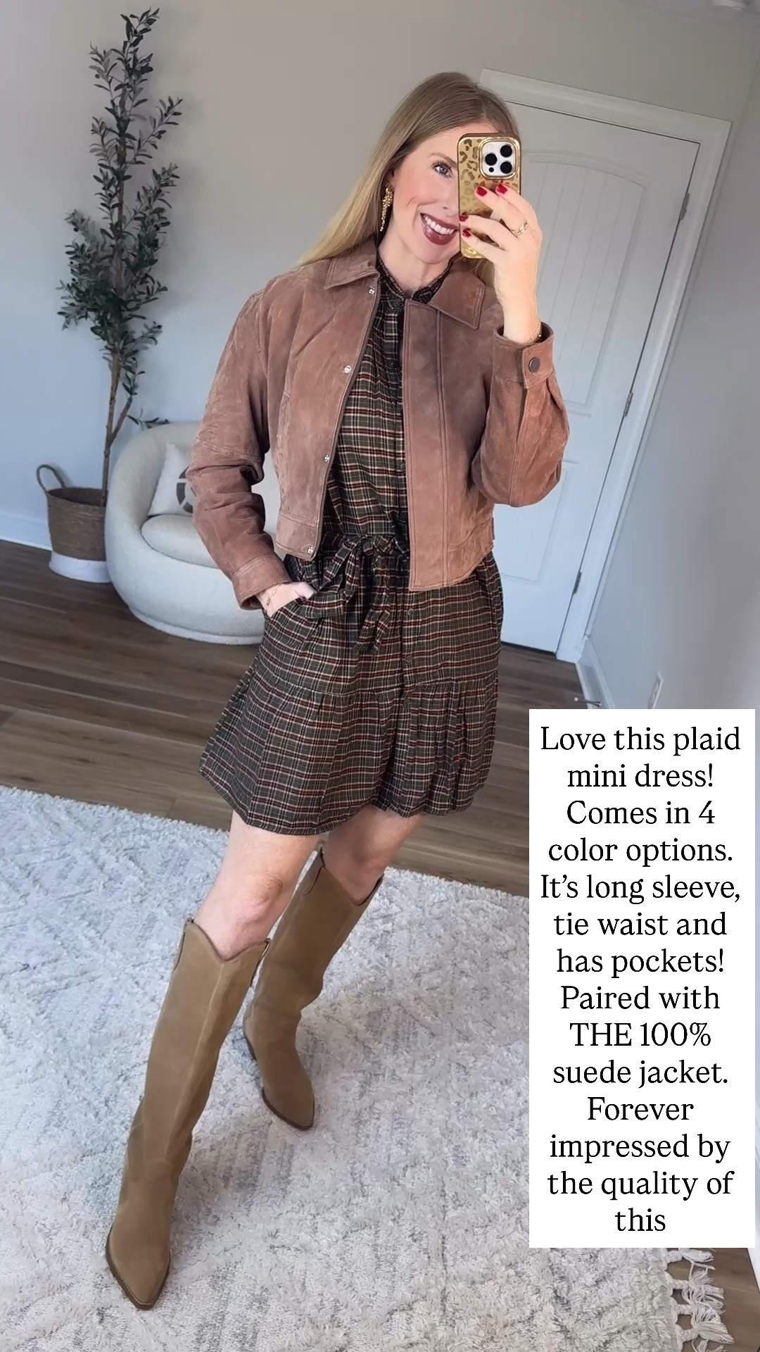 Walmart try on, suede jacket, plaid dress