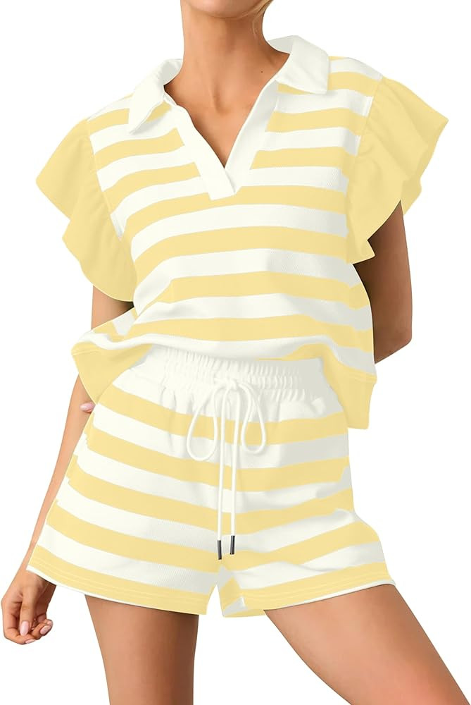 Women Two Piece Striped Short Sets Loose V Neck Flutter Short Sleeve Tops and High Waisted Shorts... | Amazon (US)
