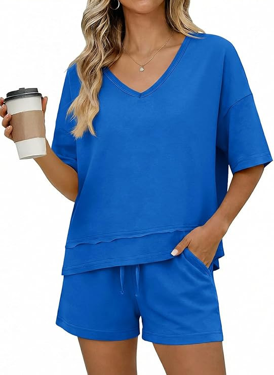 Amazon.com: Tankaneo Womens 2 Piece Outfits Shorts Set Summer Casual Short Sleeve V Neck T Shirts... | Amazon (US)