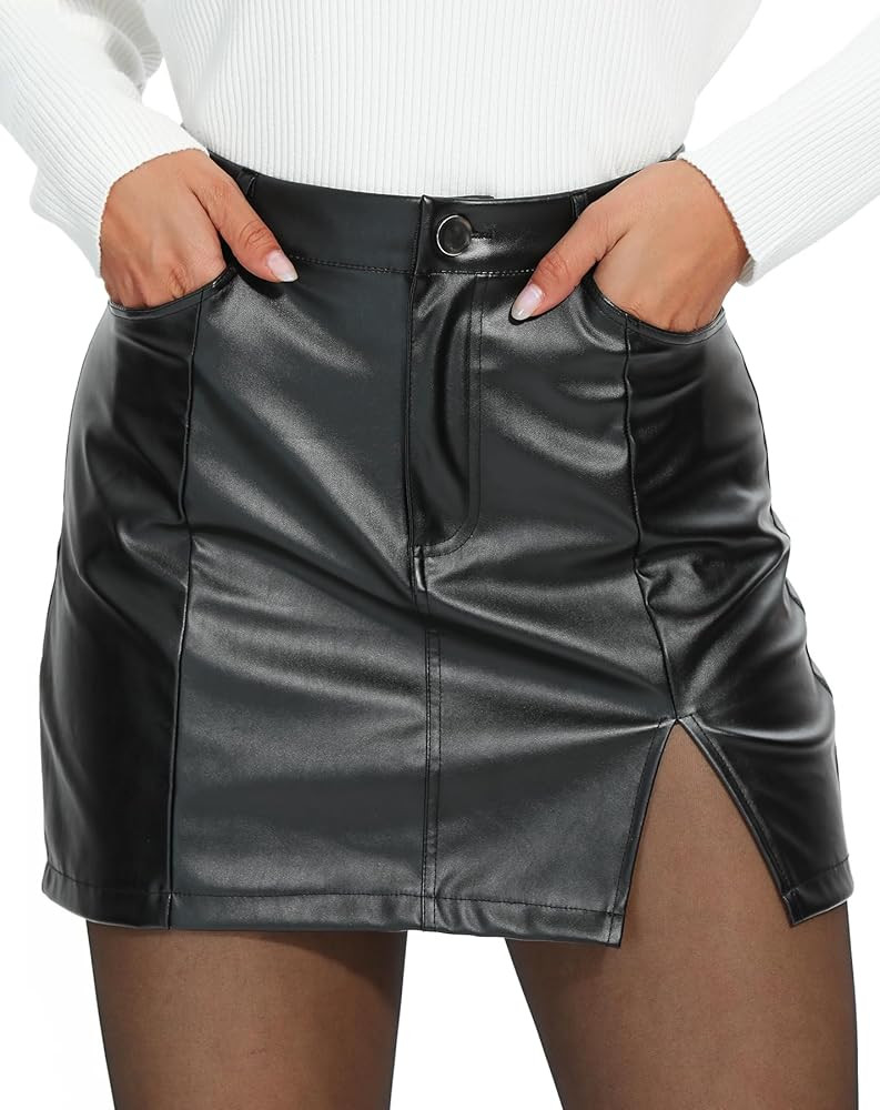 Feazac Faux Leather Skirt Sexy PU Novelty Skirt Pockets High Waisted Mini Pencil Dress for Women ... | Amazon (CA)