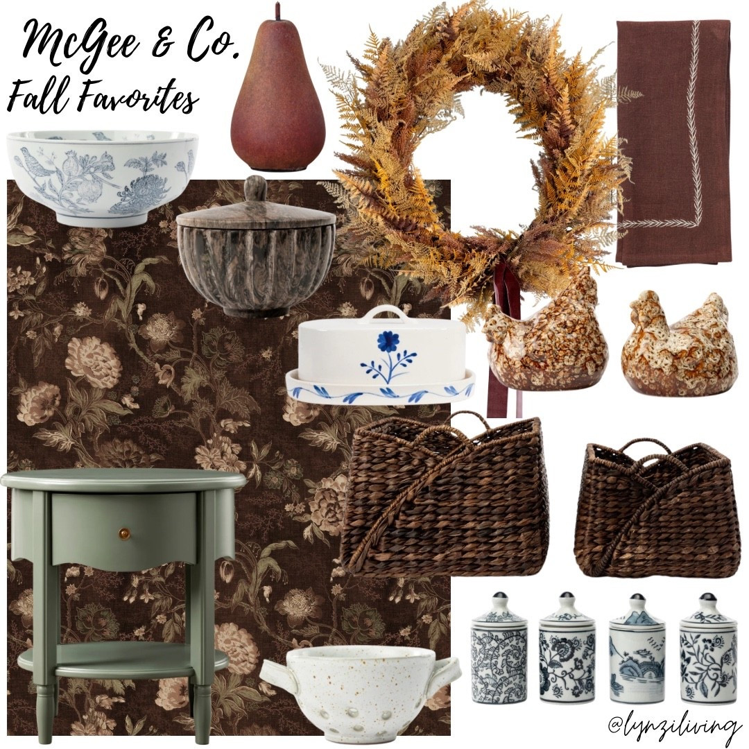 McGee & Co. Fall Favorites 

Fall home decor 2025, fall decor 2025, Brown home decor, fall decorations 2025, fall, fall colors, fall wreath, yellow wreath, fall cloth napkins, brown cloth napkins, Thanksgiving napkins, tortoiseshell chickens, marble chickens, dark brown baskets, basket set, espresso baskets, Hand painted containers, white colander, white Berry basket, white and blue butter dish, stone bowl, stamped bowl, blue and white bowl, stone pear, pear decorative object, brown floral wallpaper, fall wallpaper, sage green nightstand 


#LTKSeasonal #LTKHome