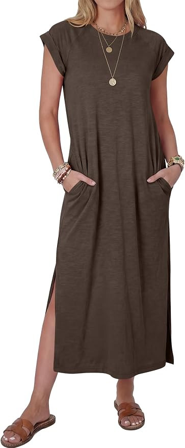 ANRABESS Women Summer Maxi Dress 2026 Casual Loose Cap Sleeve Crewneck Split Beach Vacation Long ... | Amazon (US)