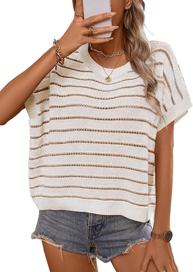 Short Sleeve Sweaters for Women 2026 Summer Casual Striped Cap Sleeve Tops Lightweight Hollow Out... | Amazon (US)