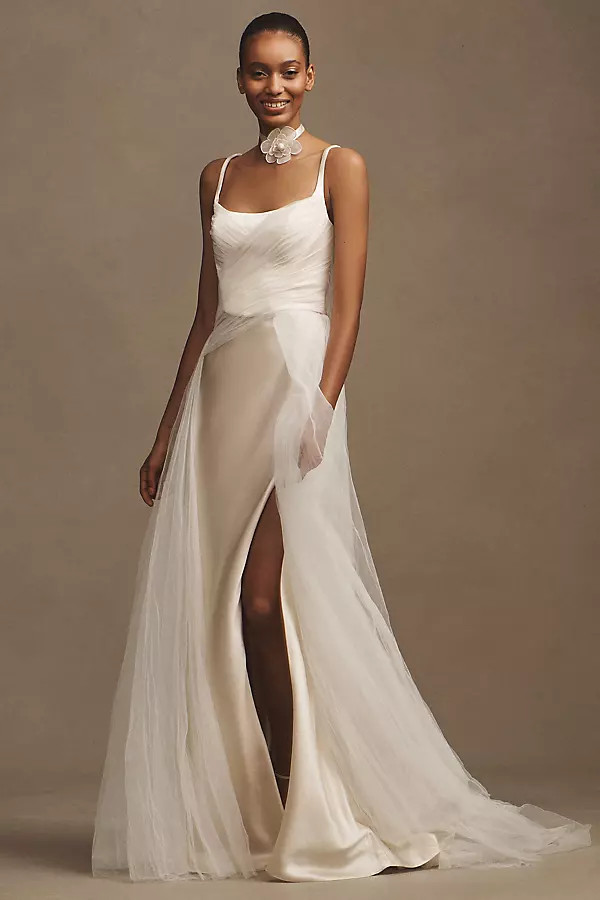 Watters Veronica Satin Square-Neck Chiffon-Overlay A-Line Wedding Gown | Anthropologie (US)