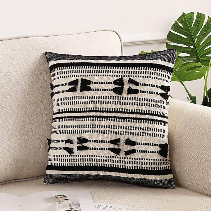 OJIA Farmhouse Black and Cream Throw Pillow Cover, Tribal Woven Stripes Pillow Cushion Case Boho ... | Amazon (US)