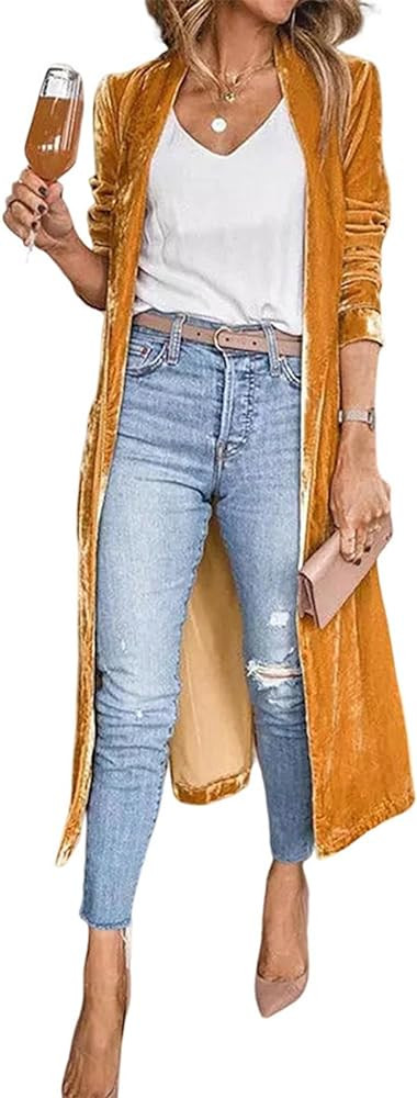 Women's Long Velvet Cardigan Jacket Casual Open Front Velour Lapel Cardigan Maxi Blazer Duster Ou... | Amazon (US)