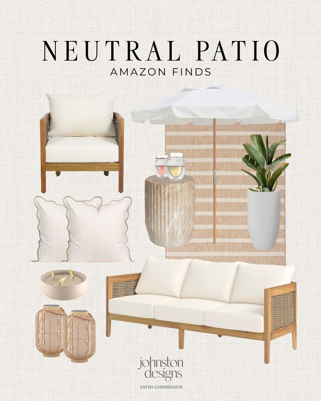 Amazon neutral patio finds for outdoor living, featuring wood and wicker furniture, striped outdoor rug, patio umbrella, lanterns and cozy backyard styling. 🤍🌿

Amazon patio finds, neutral patio decor, outdoor furniture, patio furniture, wicker outdoor furniture, outdoor rug, patio umbrella, backyard decor, outdoor living, patio styling, lantern decor, neutral outdoor space 

 #LTKSeasonal #LTKHome