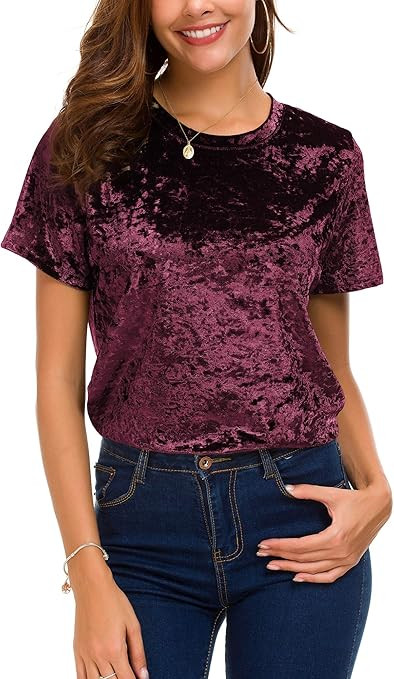 Women's Crew Neck Velvet Top Short Sleeve T-Shirt | Amazon (US)