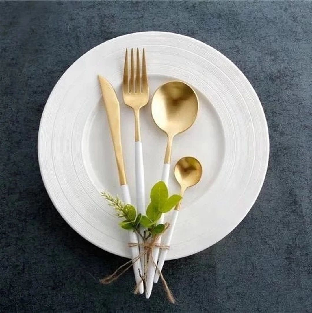 Modern Flatware, White and Gold, Four Piece Set, Matte Finish, Single Place Setting | Etsy (US)