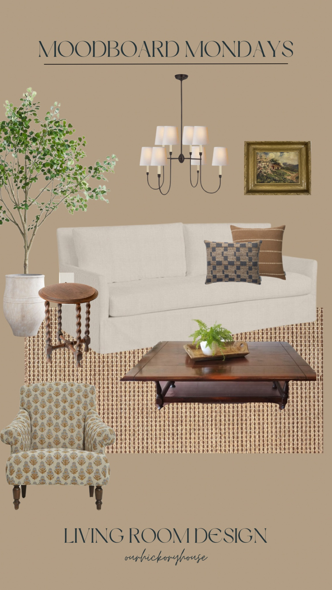 Living room moodboard for a modern traditional design mixing new and old elements for a warm, lived in feel 

Interior design, home interiors, living room inspo, family room inspo, coffee table, sofa, antique end table, neutral rug, accent chair, pillow patterns, faux tree, vintage oil painting, vintage art 

#LTKMostLoved #LTKhome #LTKstyletip