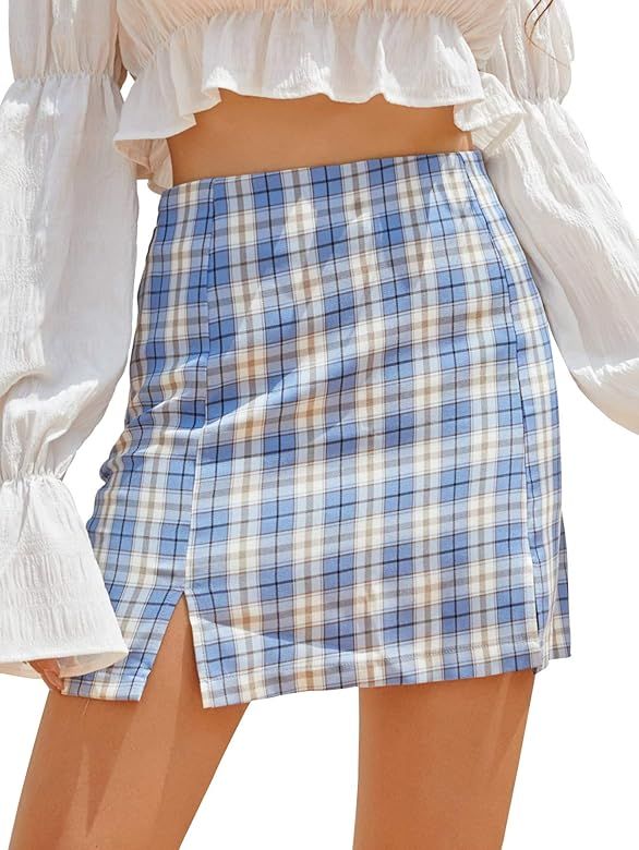 LYANER Women's Cute Split Front Plaid High Waist Zip Up Mini Bodycon Skirt | Amazon (US)