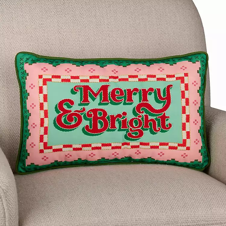 Embroidered Merry &amp; Bright Lumbar Pillow | Kirklands