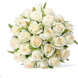 Kingou Rose Artificial Flowers Fake Rose Ivory Silk Flowers 26 PCS Rose Heads Wedding Bouquet for Br | Amazon (US)