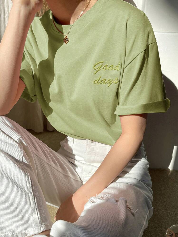 Dazy-Less Letter Embroidery Drop Shoulder Tee Summer Business Casual Woman Work Clothes Easter | SHEIN