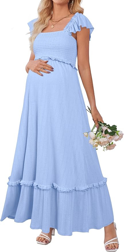 OUGES Womens 2025 Summer Maternity Photoshoot Dress Boho Maxi Smocked Baby Shower Dress Ruffle Sl... | Amazon (US)