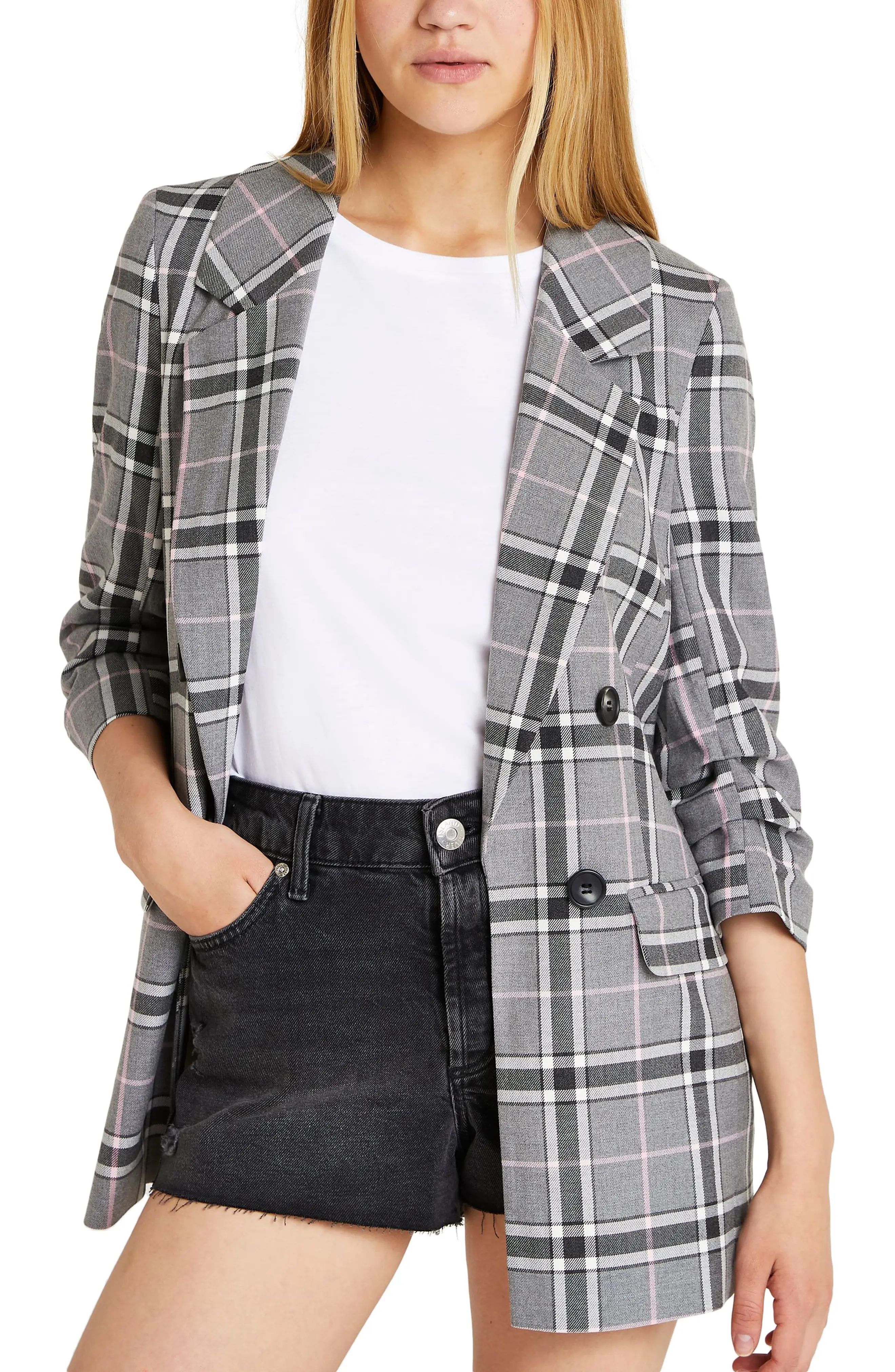 River Island Check Long Double Breasted Blazer, Size 8 Us in Grey at Nordstrom | Nordstrom