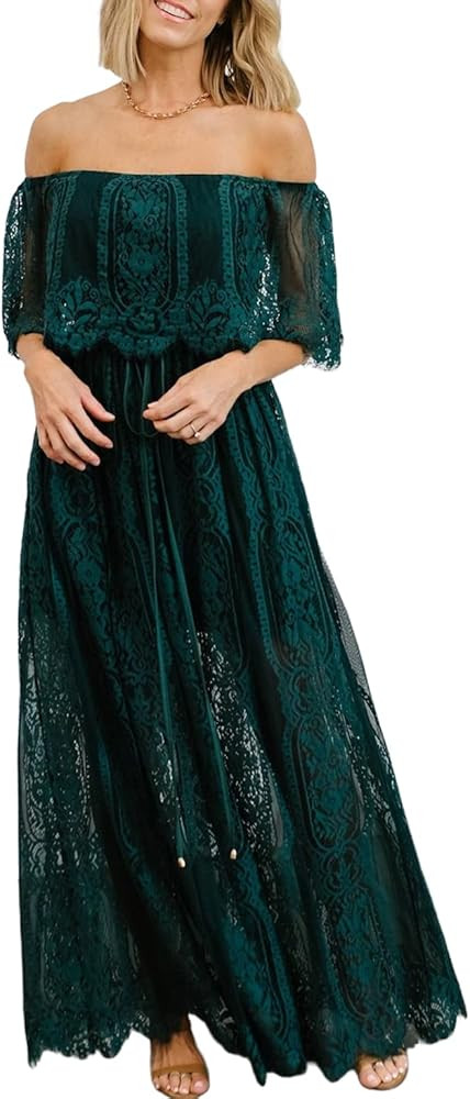 HOYISHION Women's Off The Shoulder Floral Lace Maxi Dress White Bridesmaid Wedding Party Maternit... | Amazon (US)