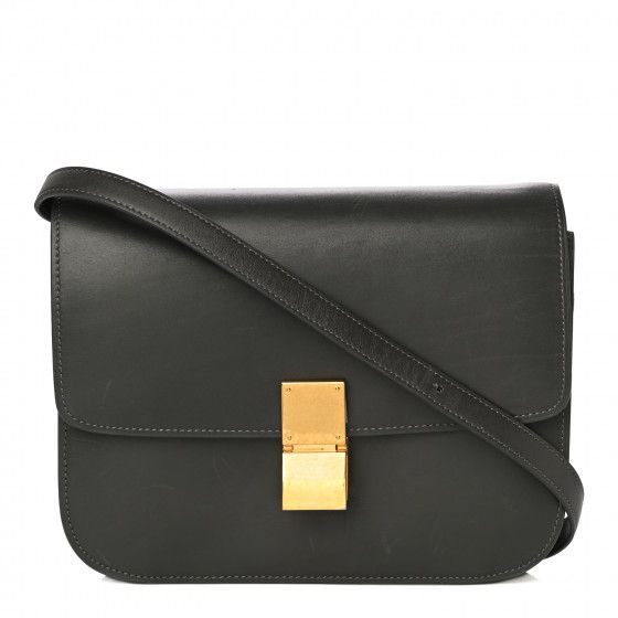 CELINE Box Calfskin Medium Classic Box Flap Bag Grey | Fashionphile