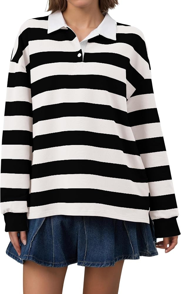 Meladyan Rugby Shirt Women Polo Striped Sweatshirt Oversized Long Sleeve Lapel V Neck Pullover To... | Amazon (US)