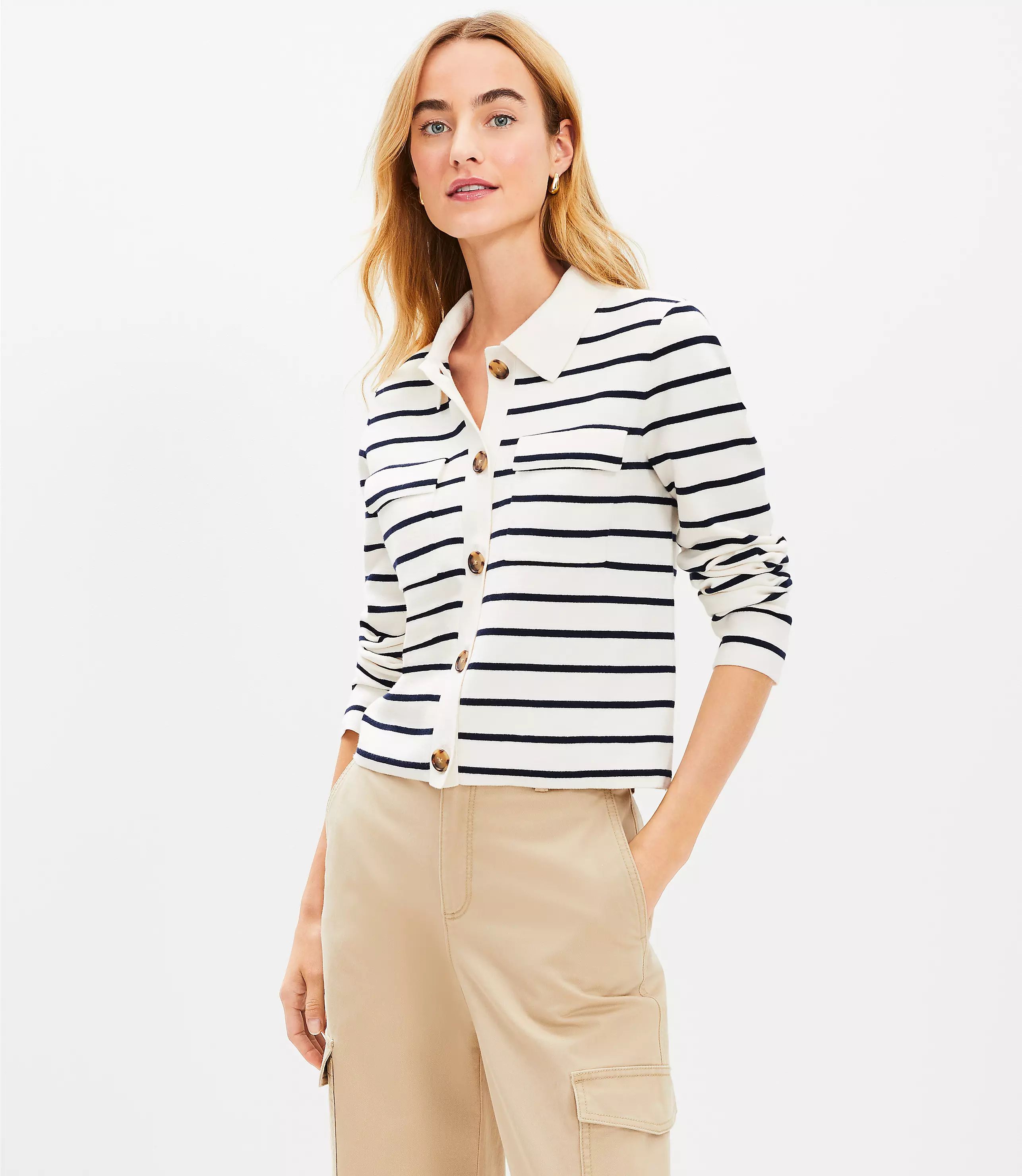 Petite Stripe Collared Sweater Jacket | LOFT