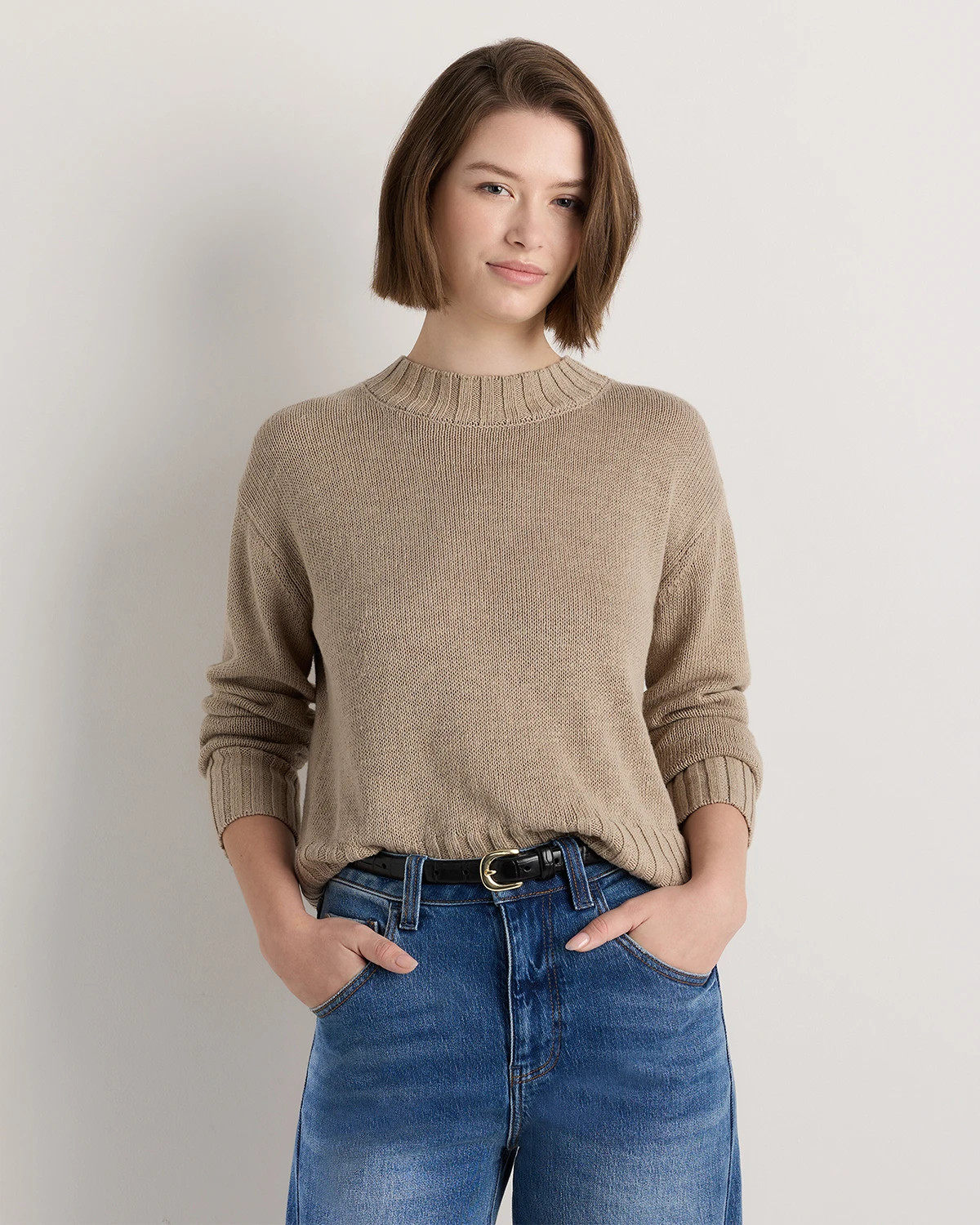 Quince | Women's Cotton Linen Relaxed Crew Sweater in Sandstone Beige, Size XL | Quince