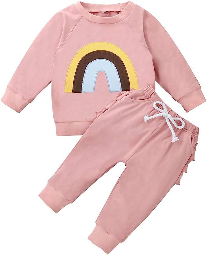 Infant Baby Girl Clothes Cute Sweatshirt Set Rainbow Rose Printed Sweatsuit+Ruffle Sweatpants Fal... | Amazon (US)