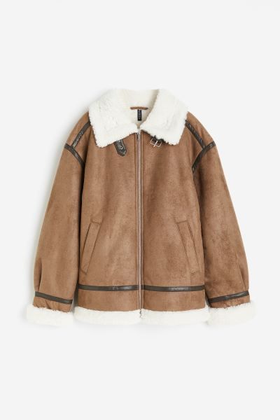 Oversized teddy-lined jacket - Brown - Ladies | H&M GB | H&M (UK, MY, IN, SG, PH, TW, HK)