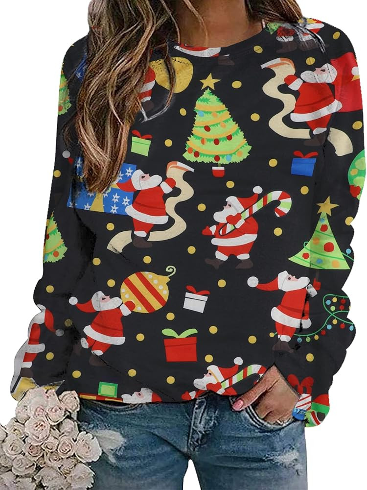 MOUSYA Christmas Sweatshirt Women Funny Ugly Christmas Pullover Shirt Xmas Holiday Santa Prints L... | Amazon (US)