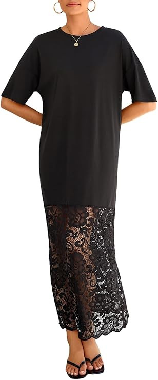 Womens Short Sleeve Lace Patchwork Maxi Dress Summer 2026 Crew Neck Casual Long Dresses | Amazon (US)