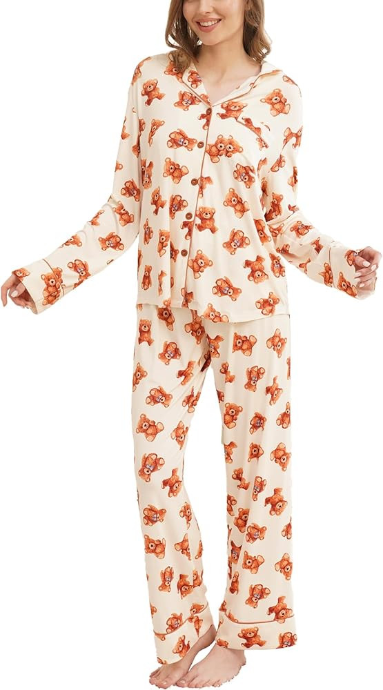 Womens Bamboo Viscose Pajama Sets Notch Collar Button Down Long Sleeve Sleepwear Comfy PJ Set | Amazon (US)