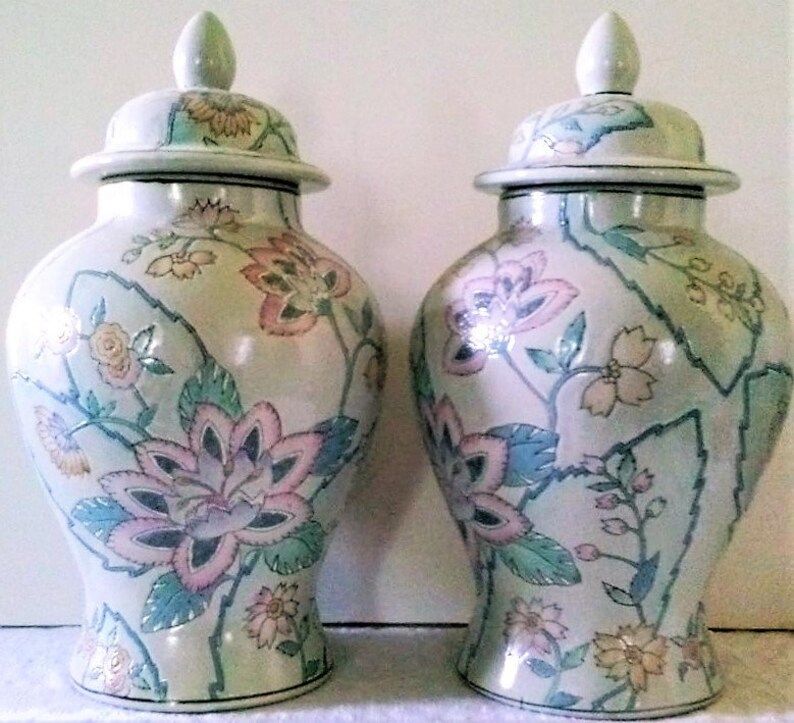 Pair Ceramic Ginger Jars Lovely Floral Pastel Pink/pale Aqua | Etsy | Etsy (US)