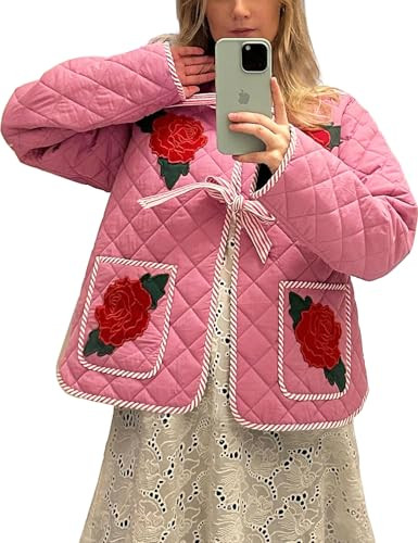Rousytn Women's Quilted Jacket Patchwork Tie Open Front Floral Printed Lightweight Casual Coat with Pockets(Pink-S) | Amazon (US)