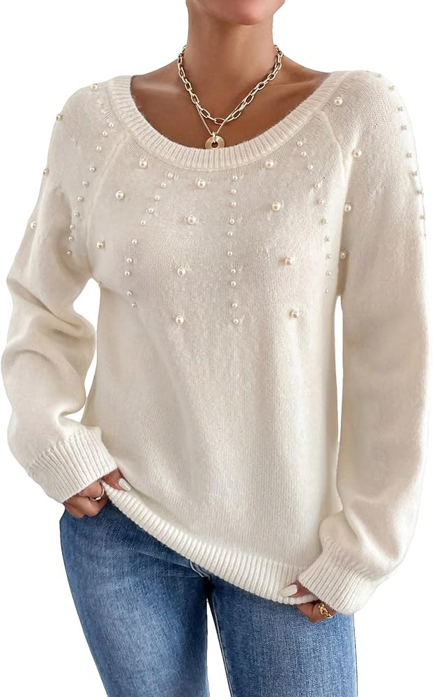Verdusa Women's Pearls Beaded Raglan Long Sleeve Sweater Pullover Tops | Amazon (US)