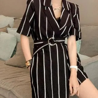 Notch Lapel Striped Tie-Waist Wide-Leg Romper | YesStyle Global