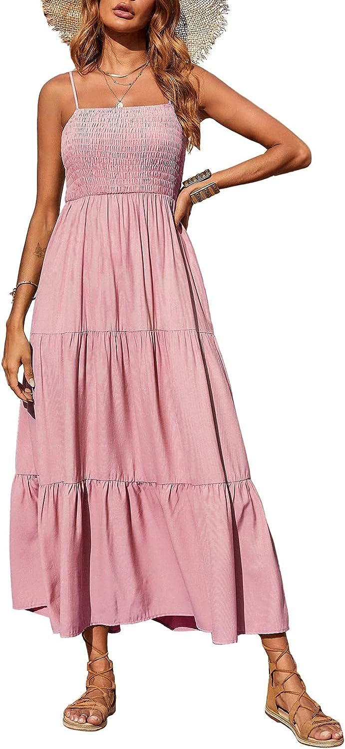 PRETTYGARDEN Women's Summer Maxi Dress Casual Boho Sleeveless Spaghetti Strap Smocked Tiered Long Be | Amazon (US)