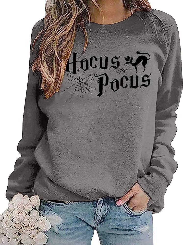 Hocus Pocus Sweatshirt for Women Halloween Shirts Long Sleeve Black Cat Shirt Halloween Pullovers Sw | Amazon (US)
