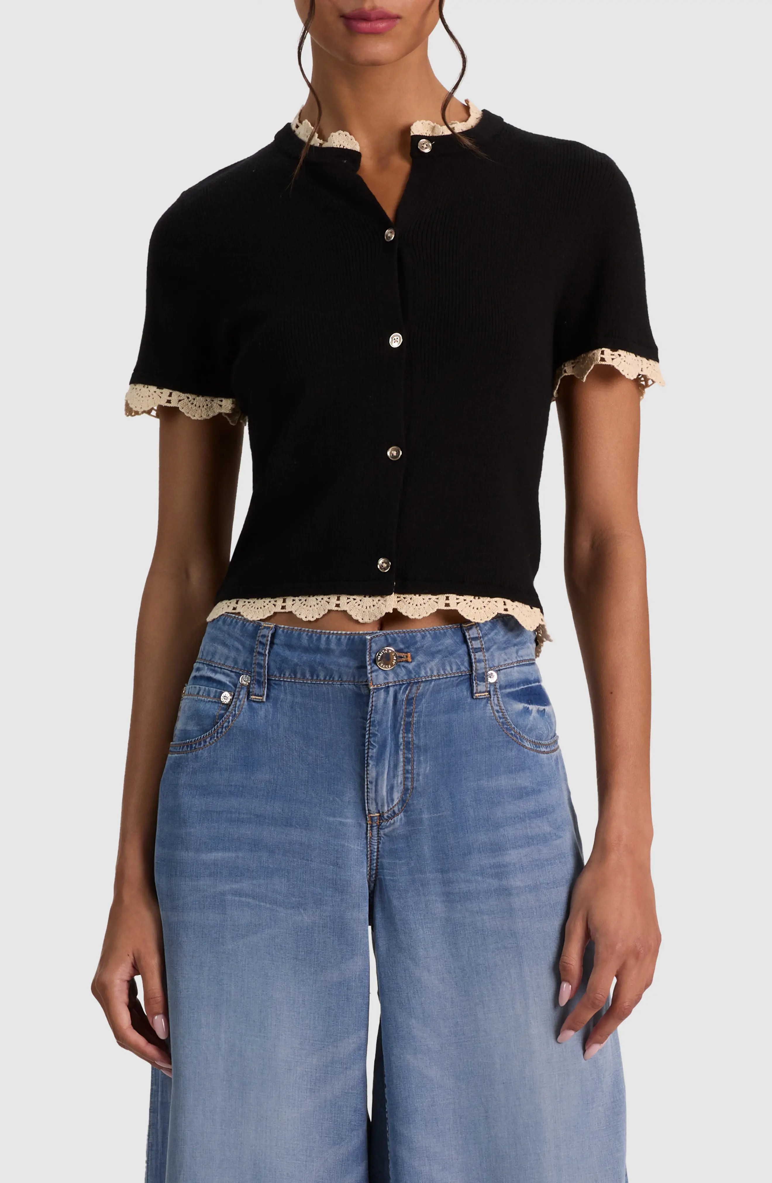 Alice + Olivia Ciara Crochet Trim Wool Blend Cardigan in Black/natural at Nordstrom, Size X-Large | Nordstrom