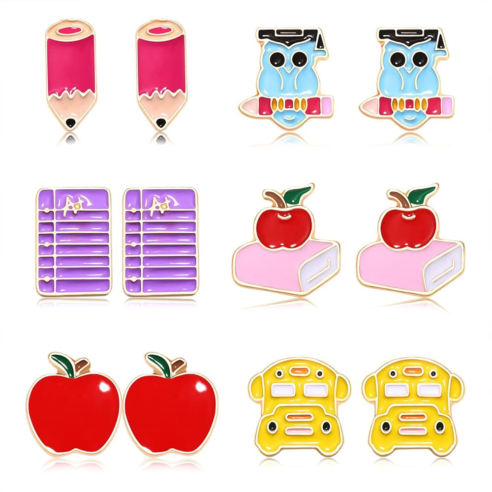 6/8 Pairs Teacher Stud Earrings for Women Colorful Enamel Apple Pencil Book Back To School Earrings Teacher Appreciation Gifts | Amazon (US)