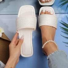 Vacation White Sandals For Women, Braided Detail Single Band Slide Sandals | SHEIN
