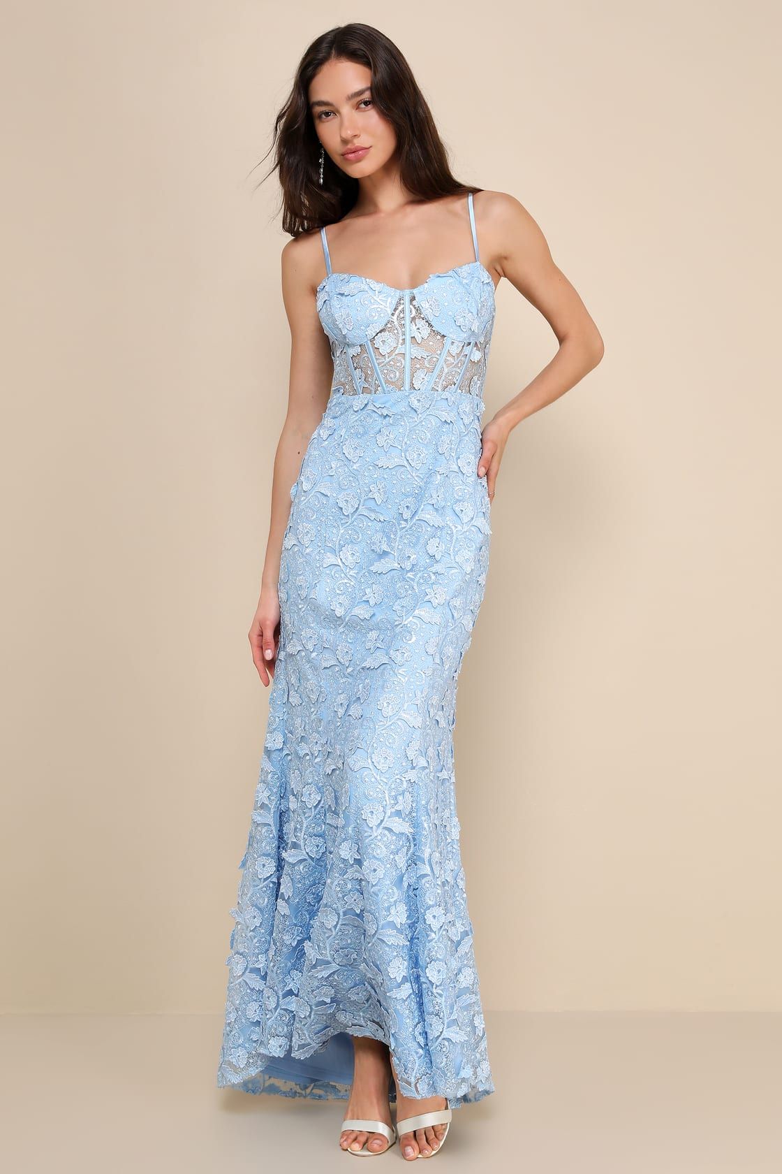 Exceptionally Radiant Blue Embroidered Floral Bustier Maxi Dress | Lulus