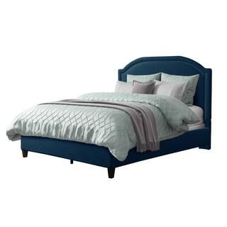 CorLiving Florence Navy Blue Fabric Queen Bed Frame with Arched Headboard and Nailhead Trim Accents | The Home Depot