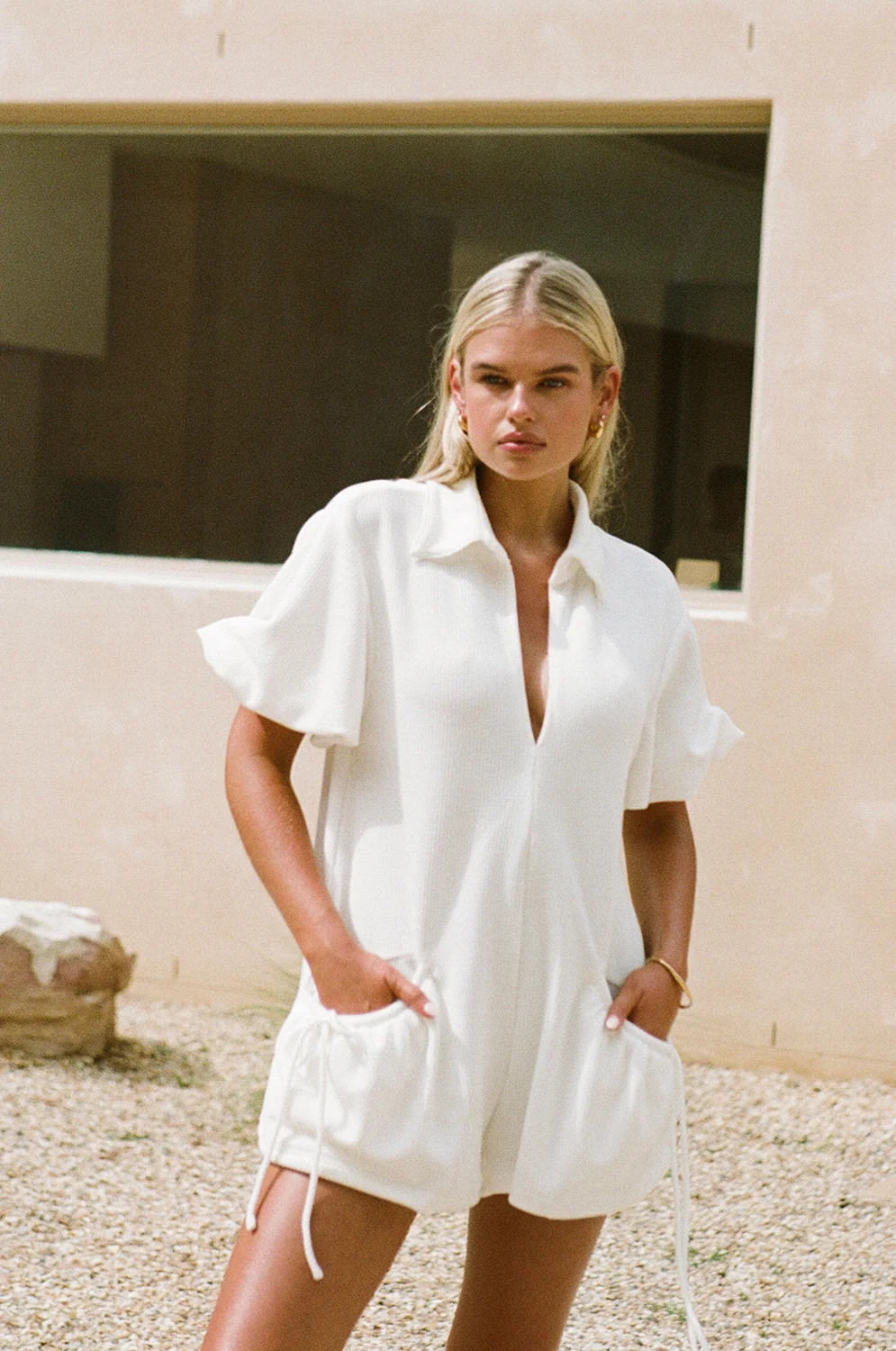 White Collar V Neck Puff Sleeve Airlie Playsuit | Sabo Skirt US