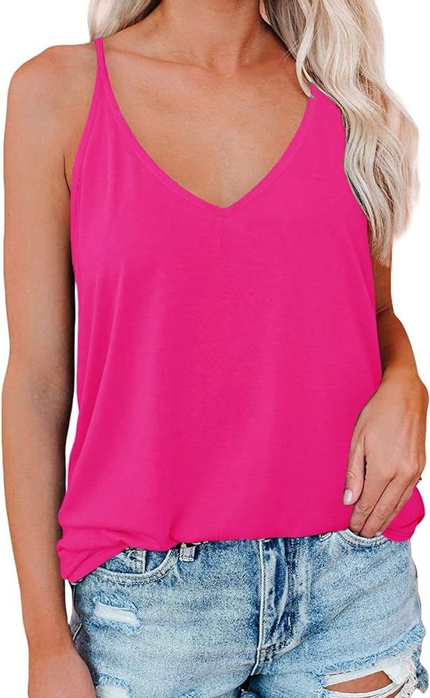 RANPHEE Womens Summer V-Neck Spaghetti Strap Tank Tops Casual Sleeveless Shirts | Amazon (CA)