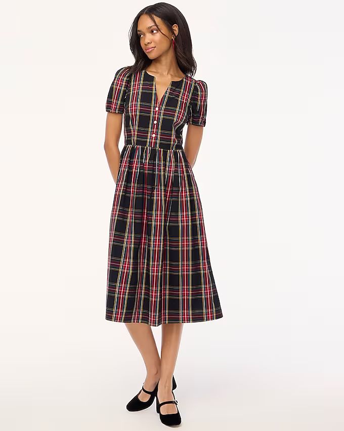 Stewart tartan  puff-sleeve midi dress with jeweled buttons | J.Crew Factory