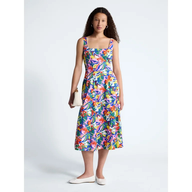 Free Assembly Women's and Women's Plus Square Neck Cotton Midi Panel Dress, Sizes XS-4X | Walmart (US)