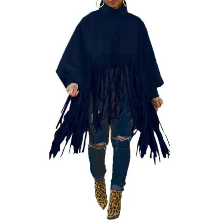 Women Tassel Hem Pullover Crop Hooded Long Sleeve Jacket with Fringe Cardigan Outwears Pullover Ponc | Walmart (US)