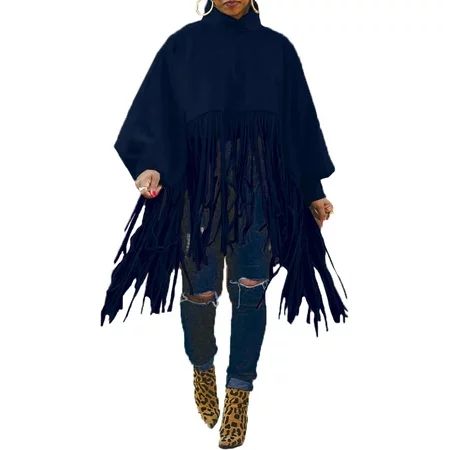 Women Tassel Hem Pullover Crop Hooded Long Sleeve Jacket with Fringe Cardigan Outwears Pullover Ponc | Walmart (US)