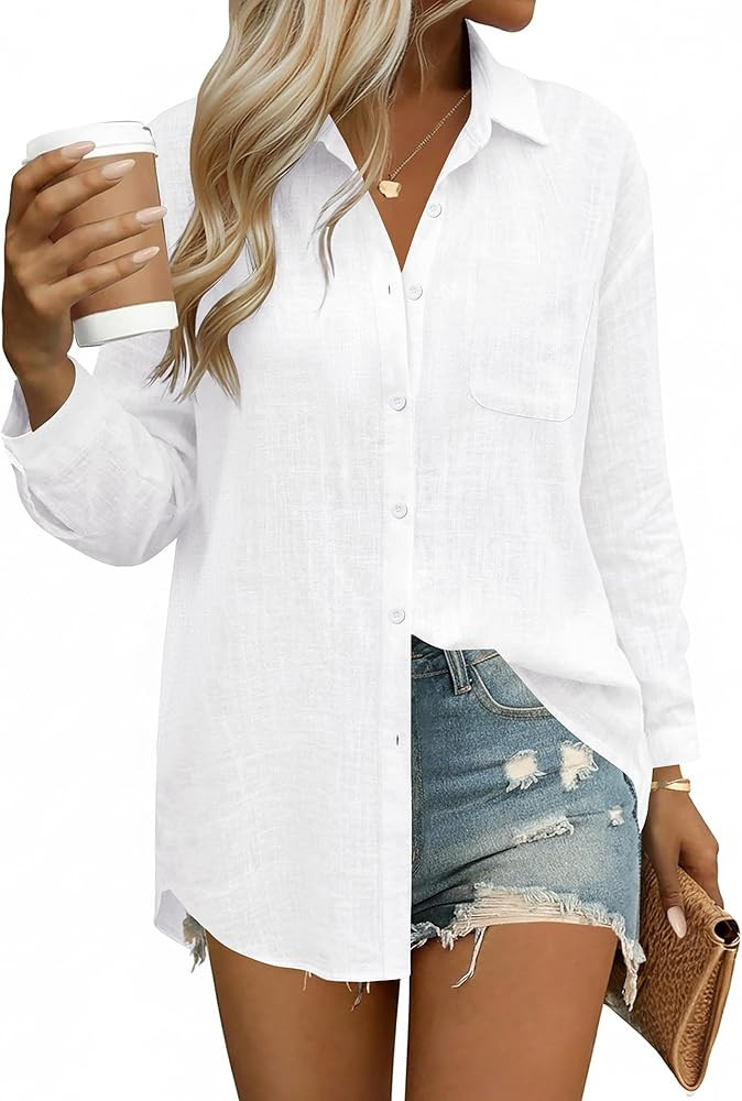 HOTOUCH Womens Button Down Shirts Linen Cotton Long Sleeve Blouses Casual Collared Loose Fit Gauz... | Amazon (US)