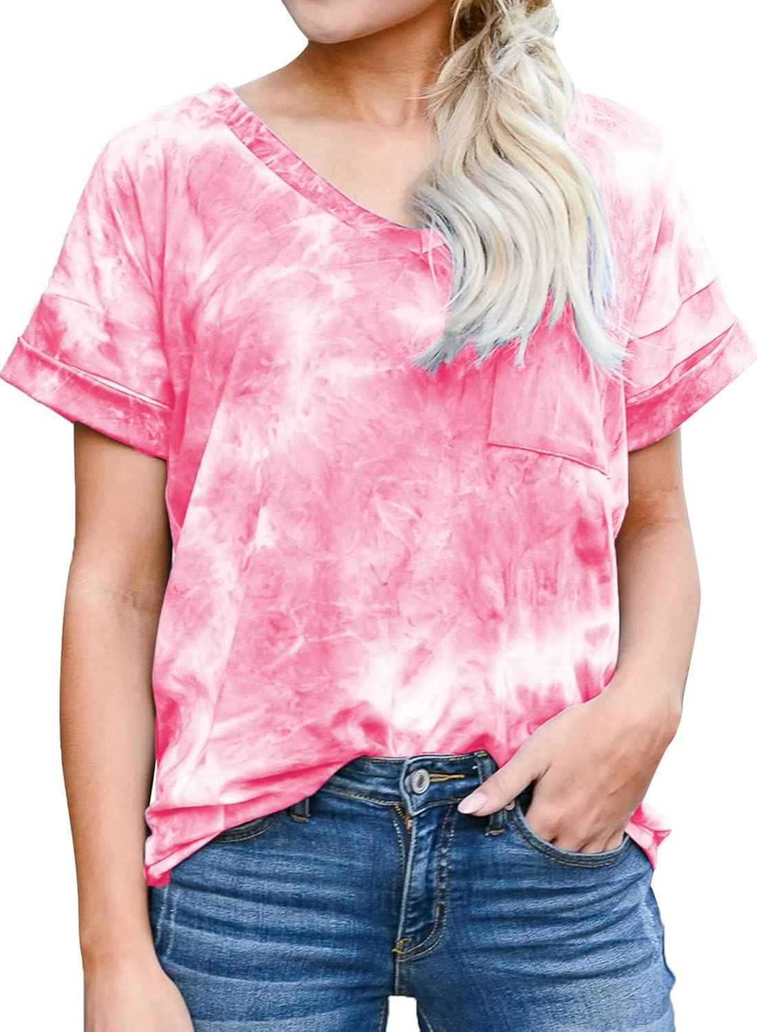 MIHOLL Women's Short Sleeve V-Neck Shirts Loose Casual Tee T-Shirt | Amazon (US)