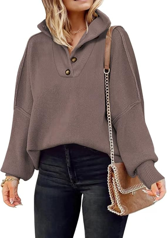 Amazon.com: LILUSSORY Women's Long Sleeve Button Up Drop Shoulder Sweaters Fall Oversized Slit Si... | Amazon (US)